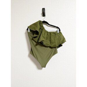 Alix NYC Womens Moore One Shoulder Bodysuit‎ Draped Ruffle Olive Green Large